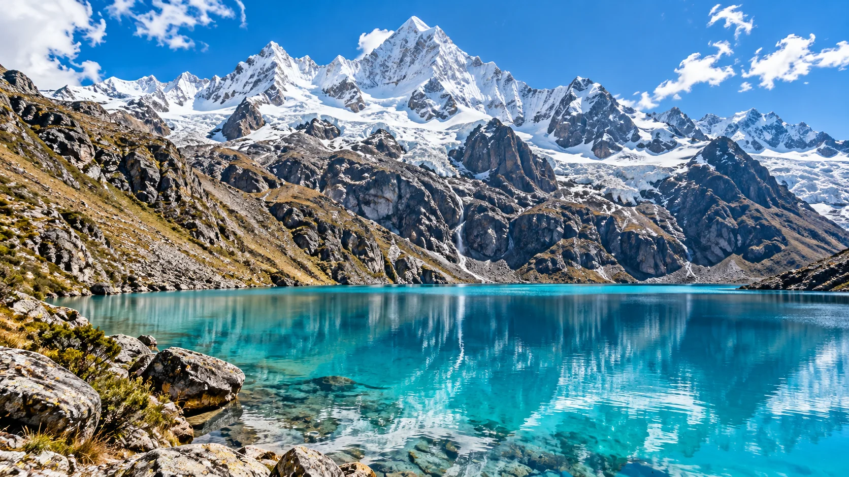 Laguna de aguas turquesas rodeada de montañas nevadas en la Cordillera Blanca, Áncash