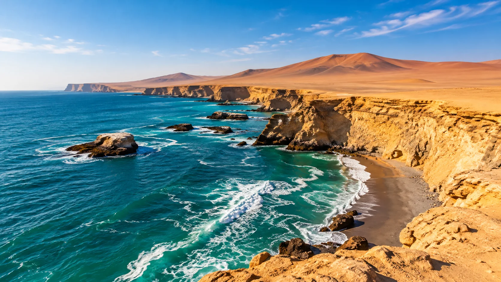Paisaje de la Reserva Nacional de Paracas, con acantilados desérticos frente al océano Pacífico
