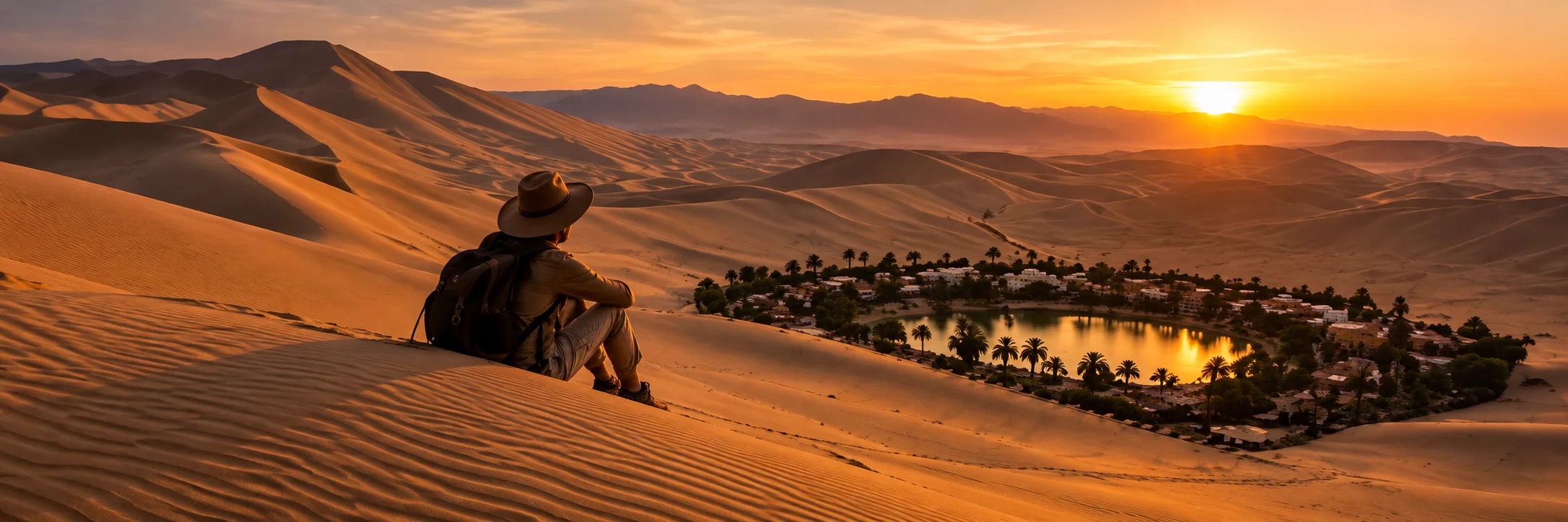 Vista panorámica de las dunas y el oasis de Huacachina durante el atardecer en Ica, Perú