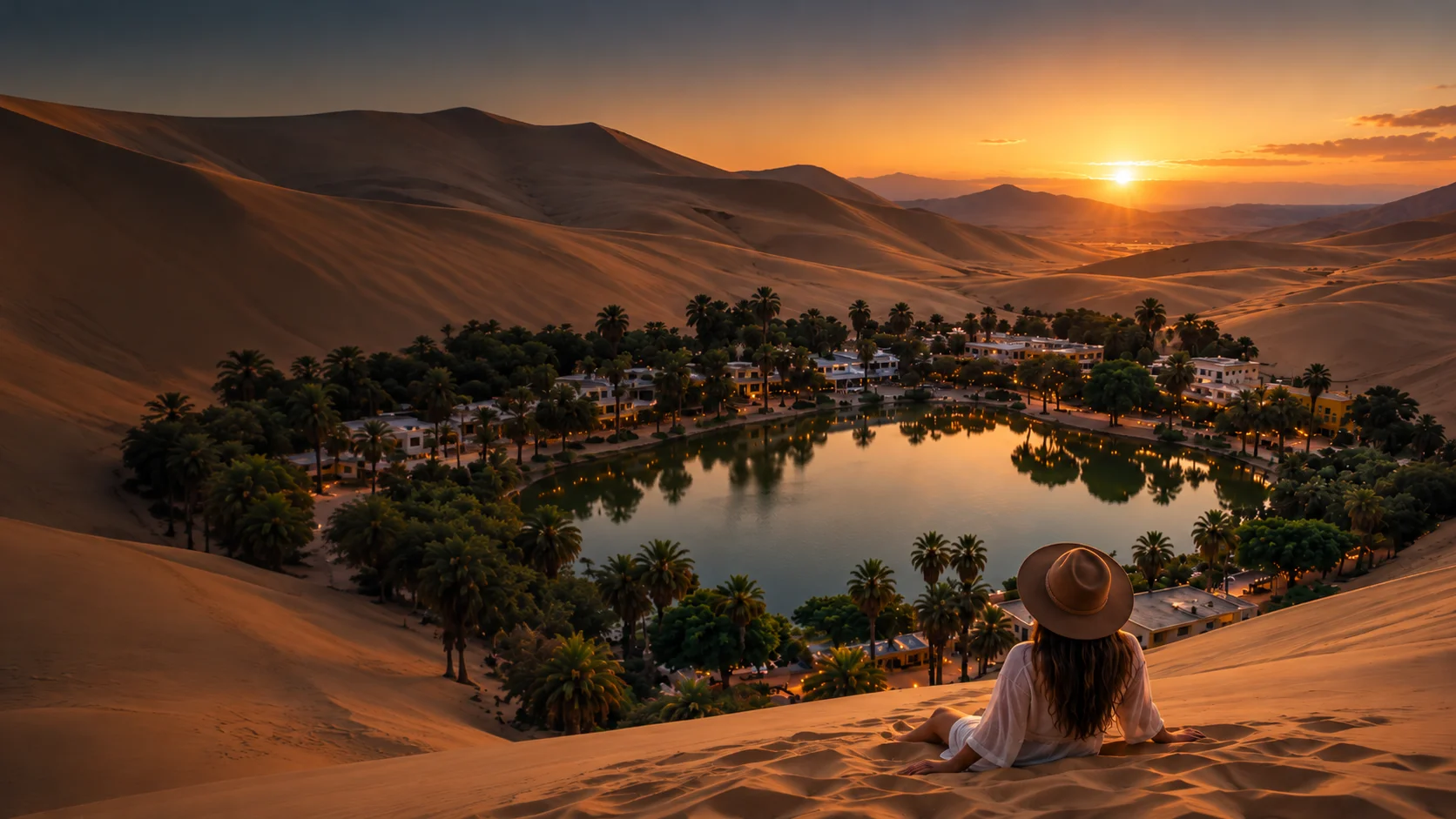 Oasis de Huacachina rodeado por las dunas del desierto de Ica, Perú